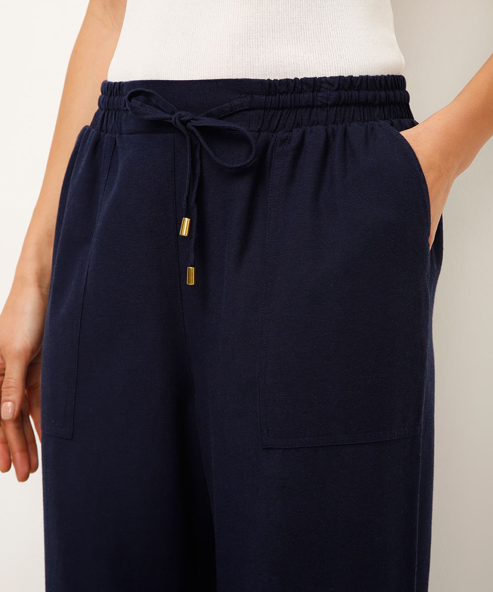 calça reta com linho cós elástico azul