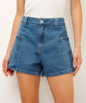 short jeans reto cintura alta azul