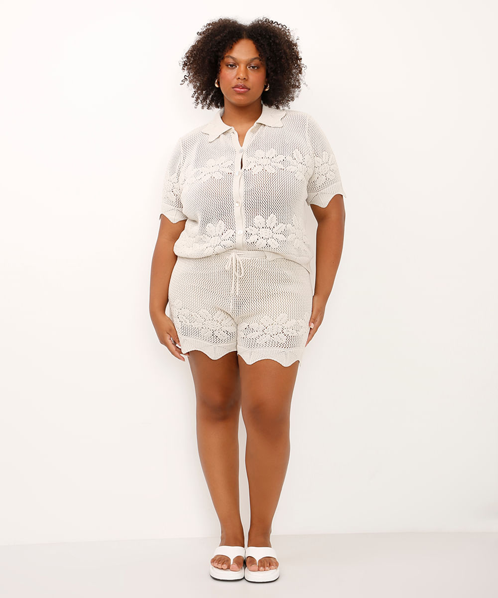short de tricot floral plus size mindset bege
