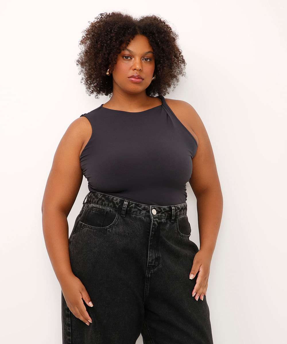 regata alça torcida com franzido plus size mindset preta