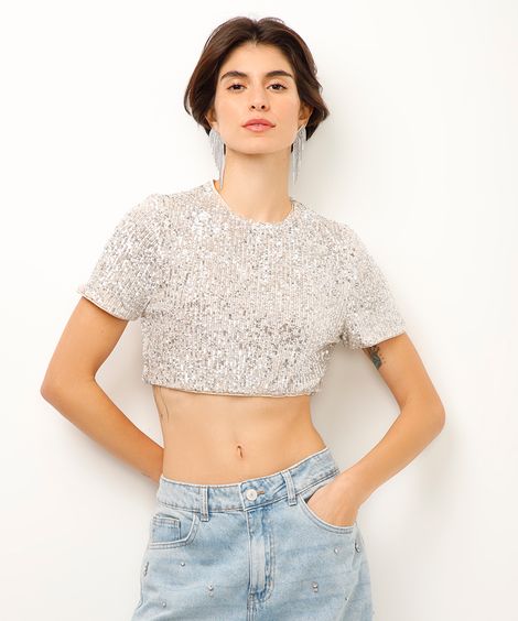 cropped de paetê manga curta prateado