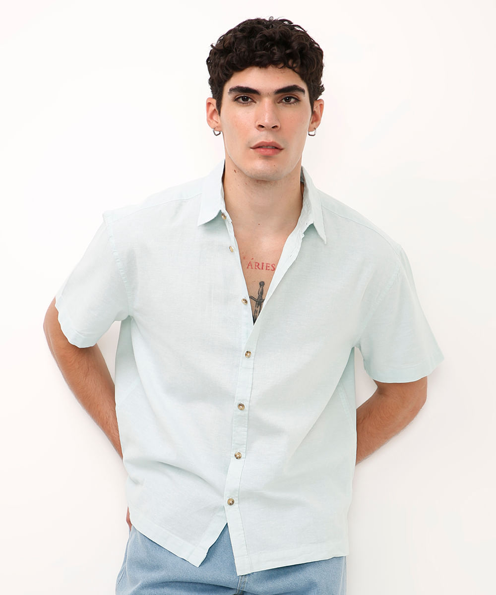 camisa com linho manga curta verde