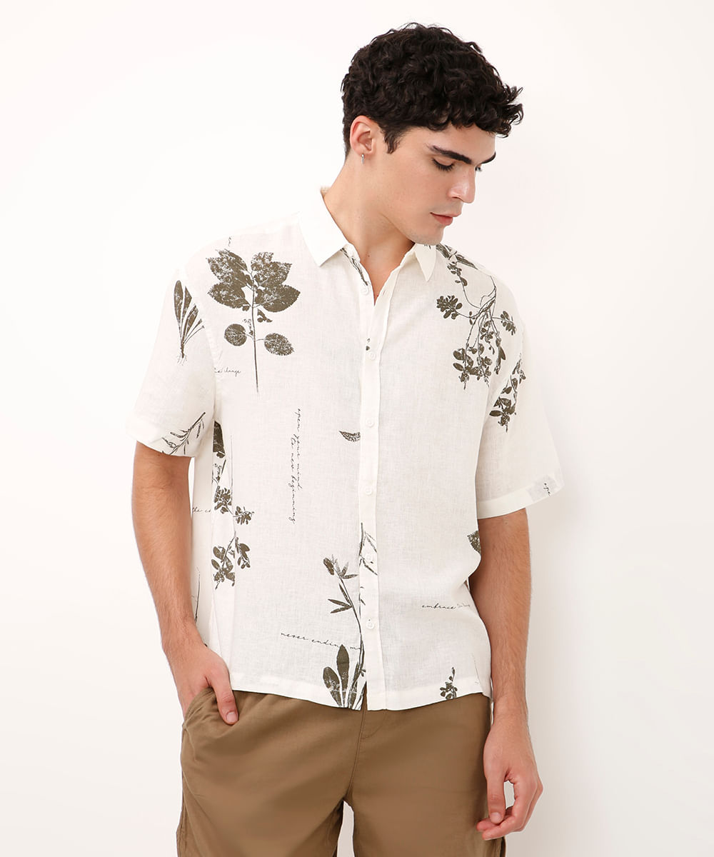 camisa relaxed com linho folhagem colorida
