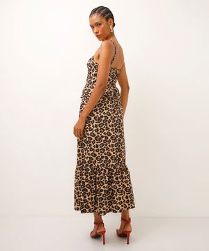 vestido midi de algodão animal print bege