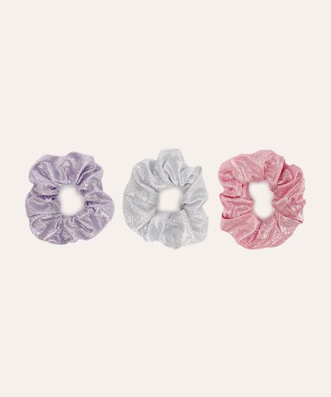 kit de 3 elásticos de cabelo infantis scrunchie metalizado colorido