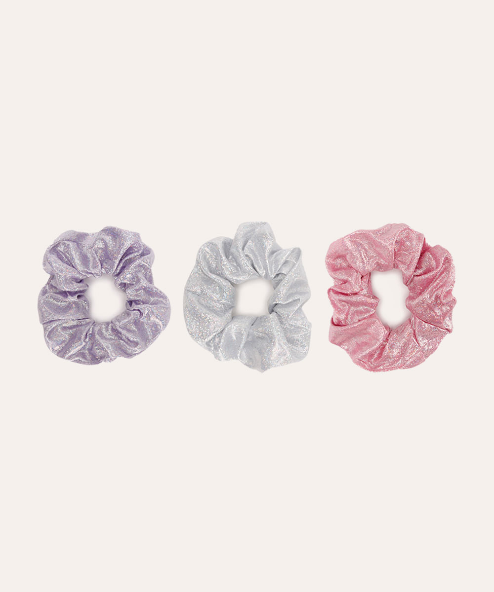 kit de 3 elásticos de cabelo infantis scrunchie metalizado colorido