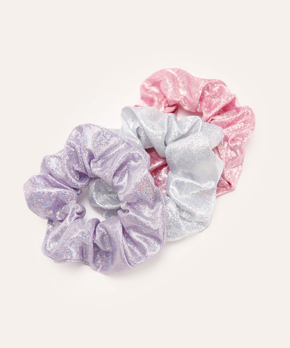 kit de 3 elásticos de cabelo infantis scrunchie metalizado colorido