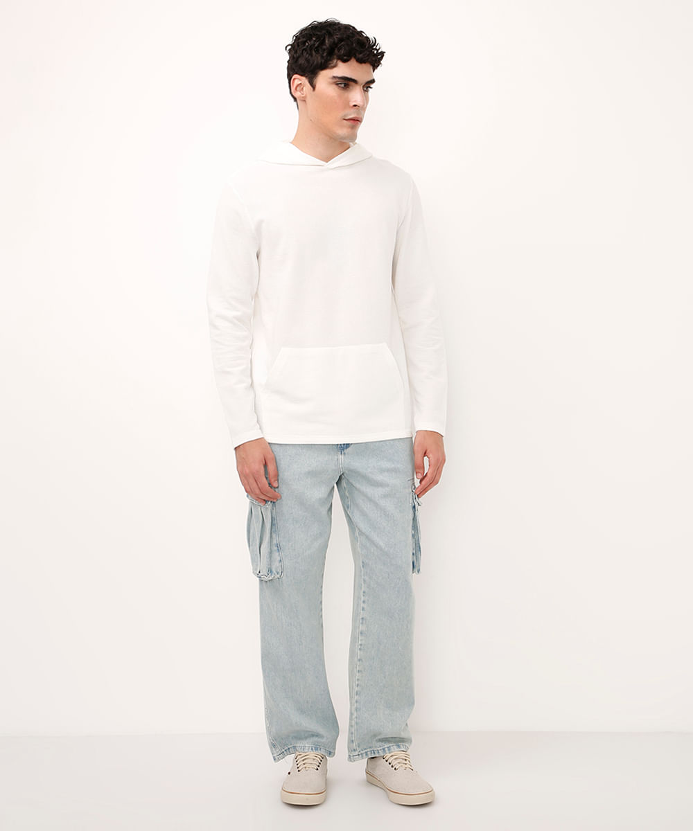 blusa manga longa com capuz texturizada off white