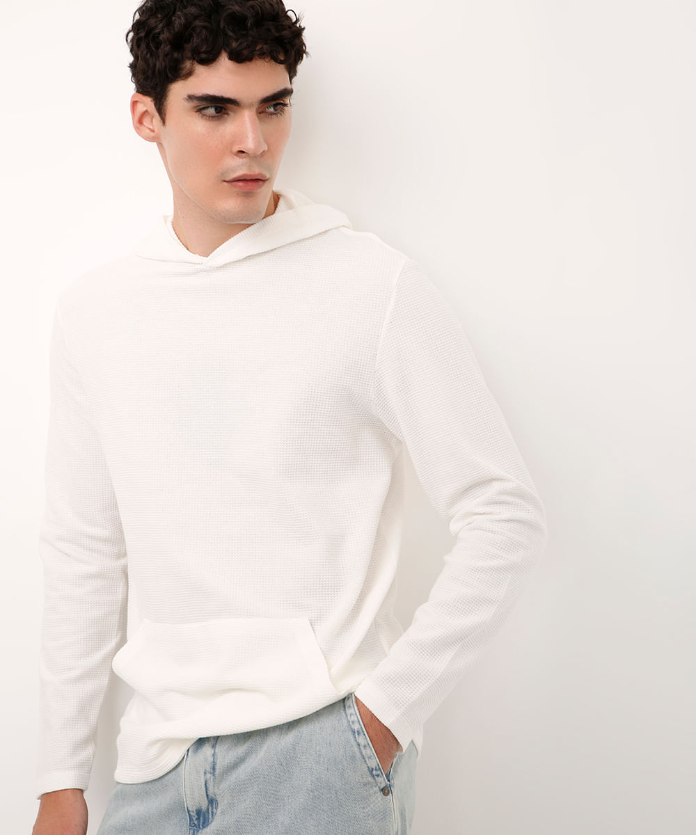 blusa manga longa com capuz texturizada off white