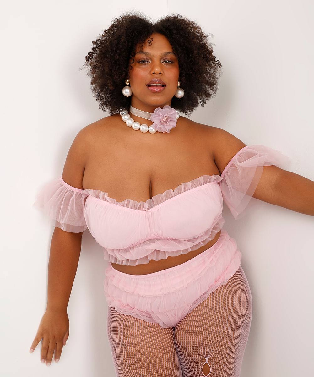 cropped de tule franzido plus size rosa