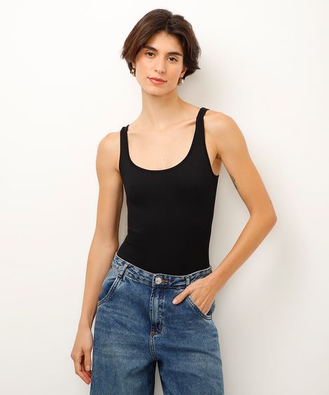 body básico de poliamida canelado preto