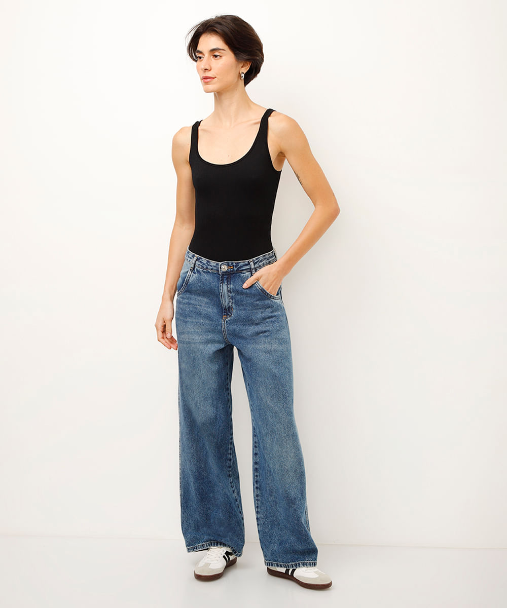 body básico de poliamida canelado preto