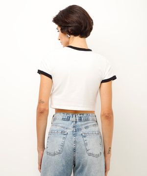 camiseta baby look de algodão bicolor off white