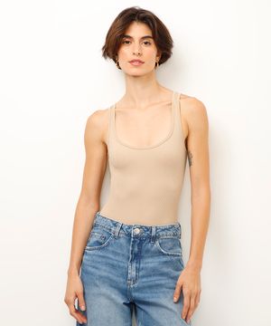body básico de poliamida canelado bege