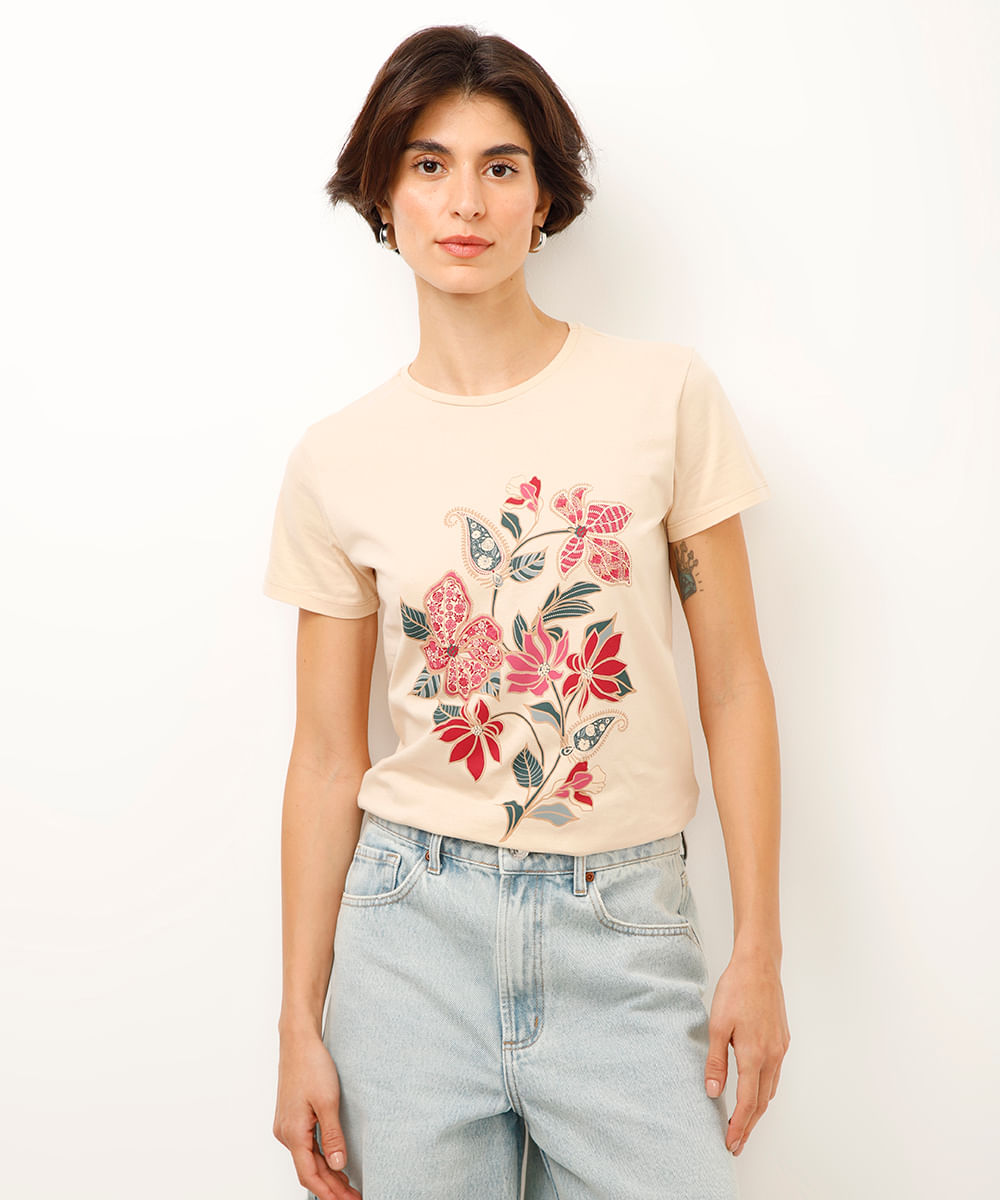 camiseta de algodão floral bege