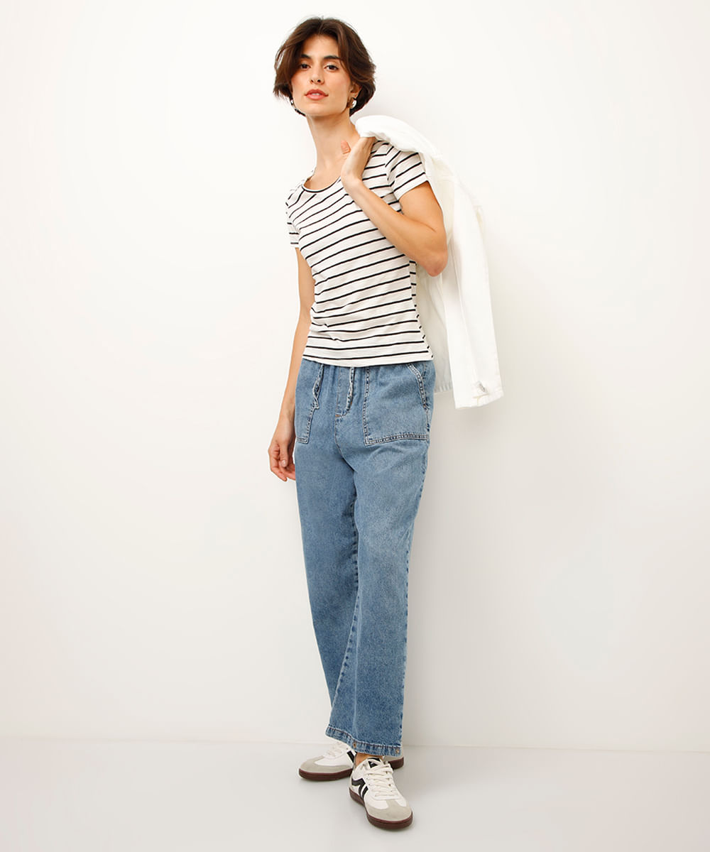 blusa básica de algodão listrada off white