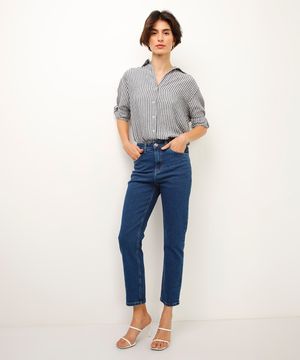 calça slim jeans cintura alta azul