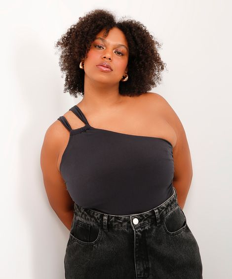 blusa ombro único franzida plus size mindset preta