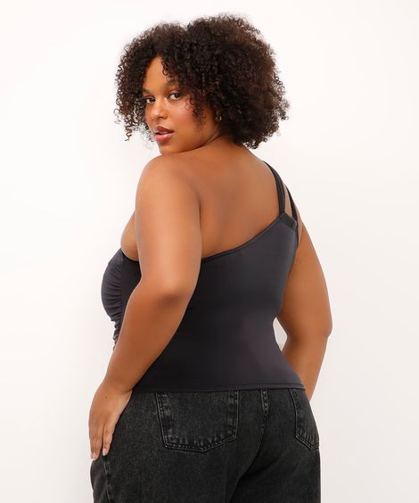blusa ombro único franzida plus size mindset preta