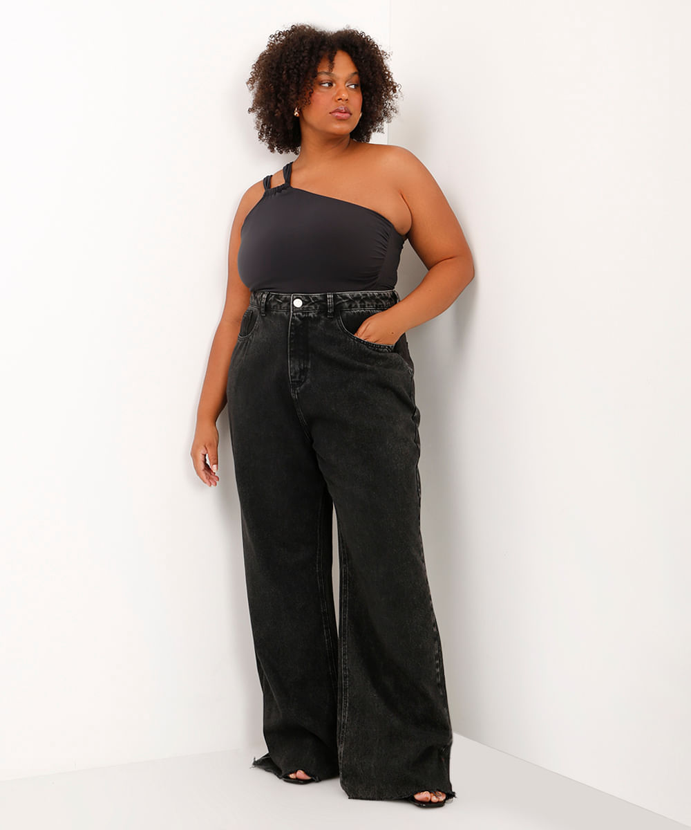 blusa ombro único franzida plus size mindset preta