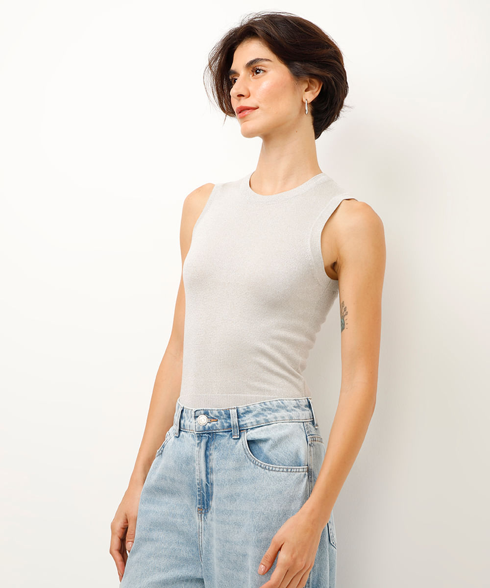 regata de tricot com lurex prateada