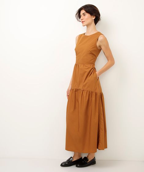 vestido longo de algodão com recortes marrom