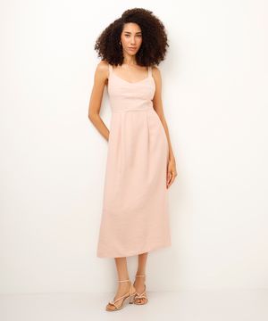 vestido midi de viscose texturizado rosa