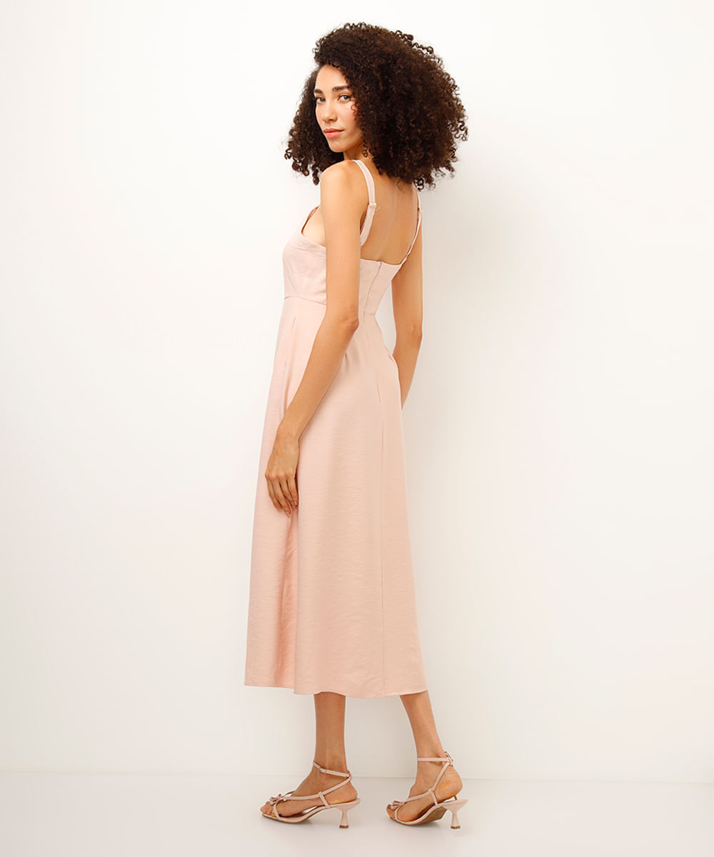 vestido midi de viscose texturizado rosa