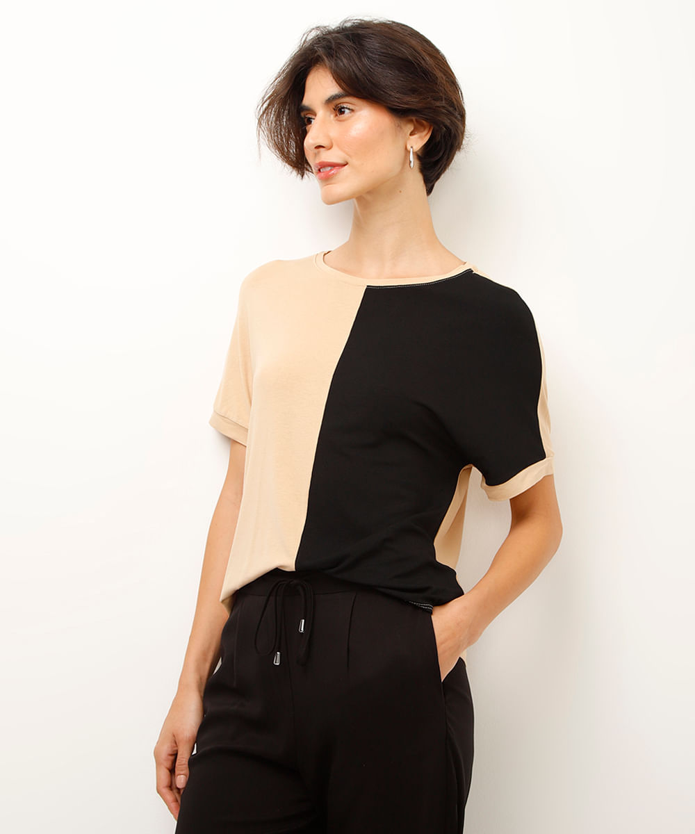 blusa de viscose com recorte bege