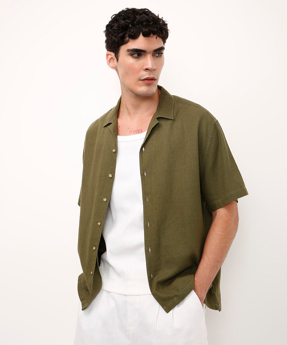 camisa de linho manga curta verde