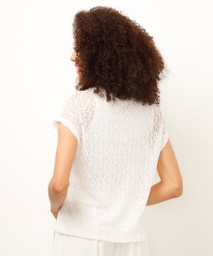 blusa com sobreposição de renda floral off white