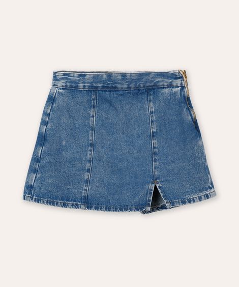 short saia jeans juvenil com fenda azul