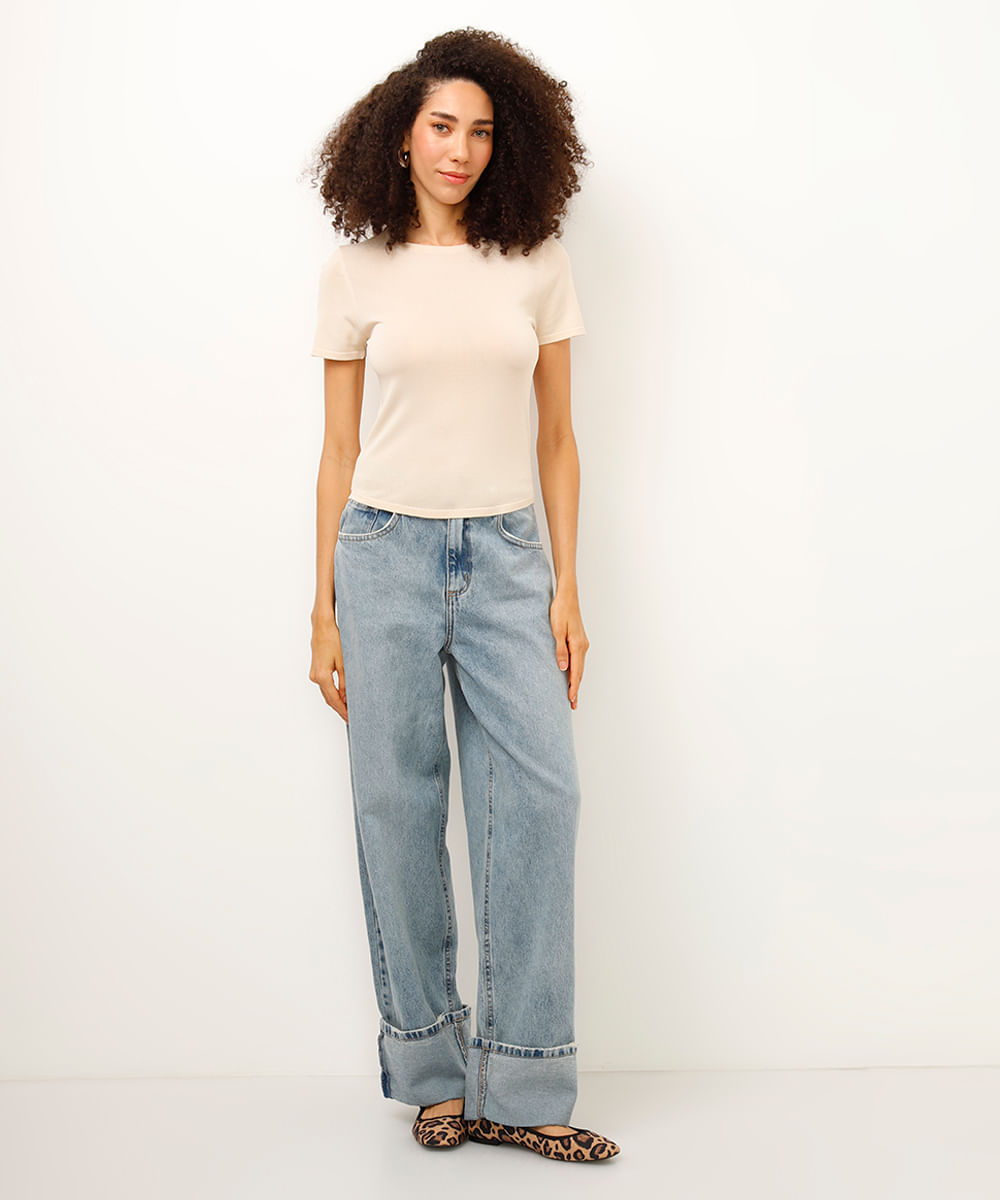 cropped alongado de tricot canelado bege
