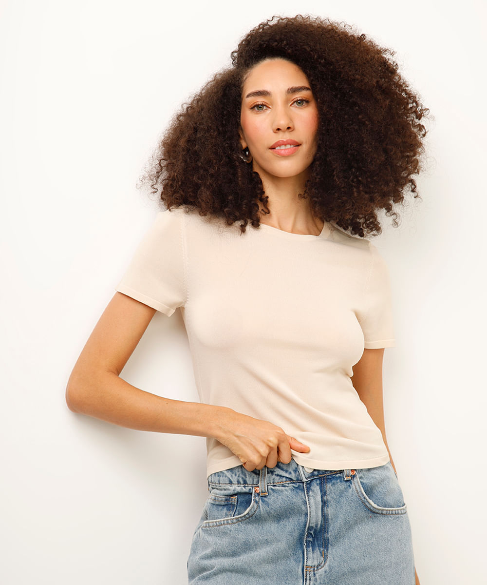 cropped alongado de tricot canelado bege