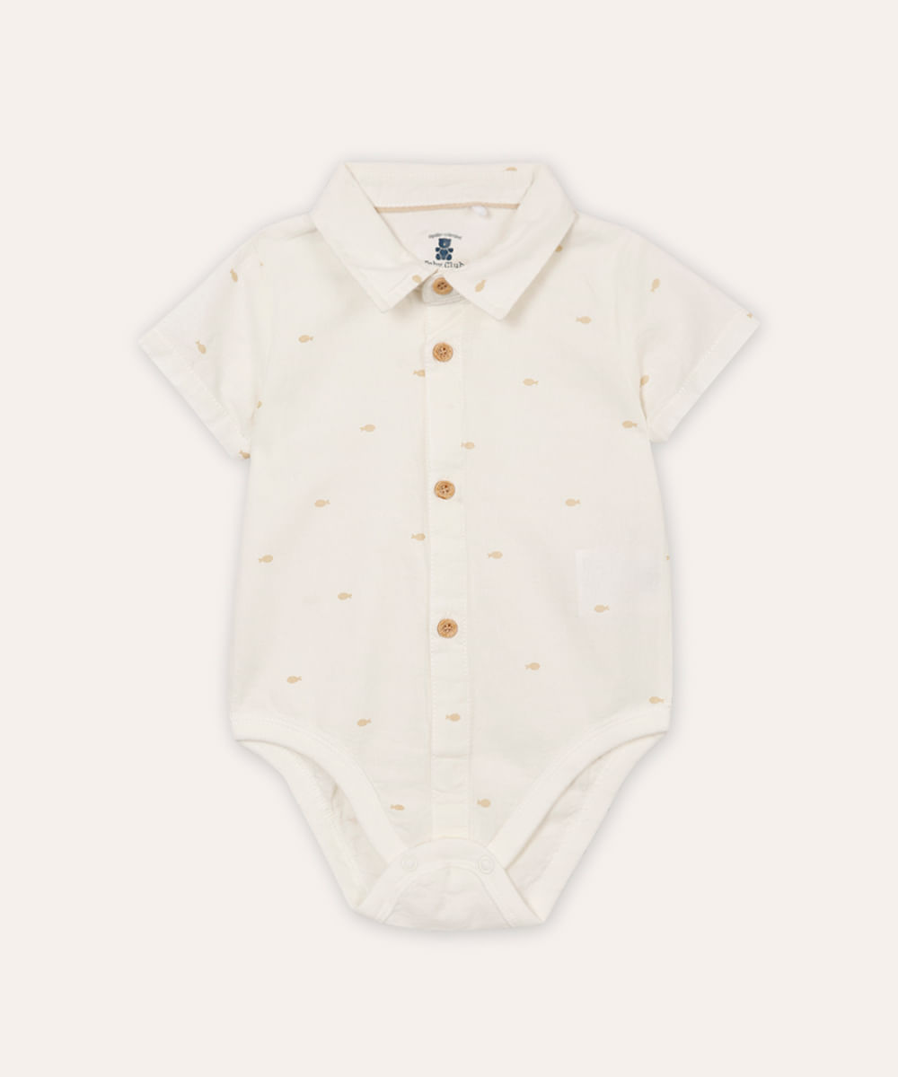 body infantil com linho peixinho off white