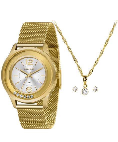 kit relógio analógico feminino lince lrg4711lka4qs2kx dourado