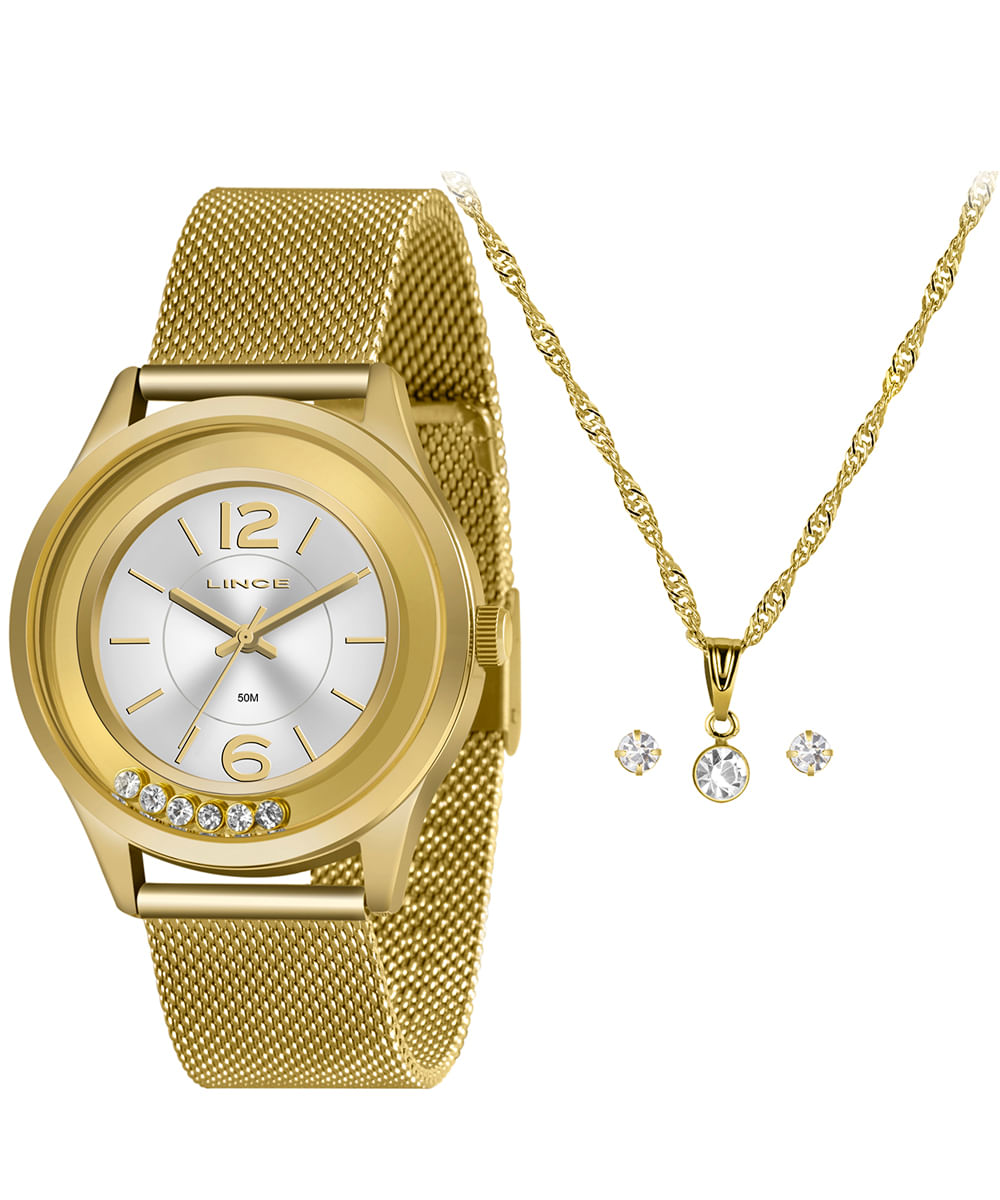 kit relógio analógico feminino lince lrg4711lka4qs2kx dourado