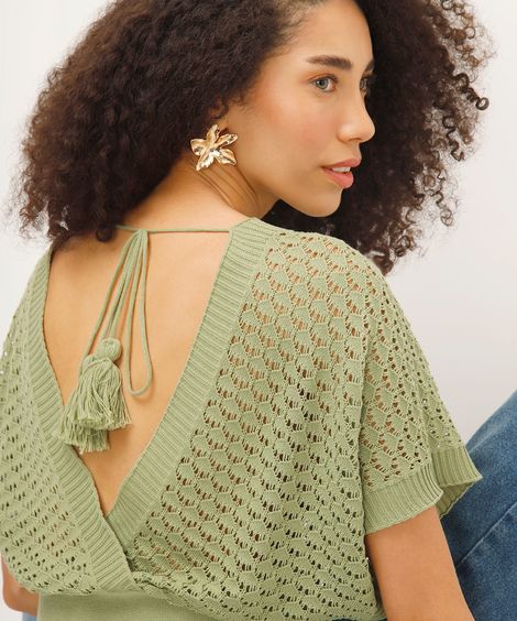 blusa de tricot transpassada manga curta com amarração verde