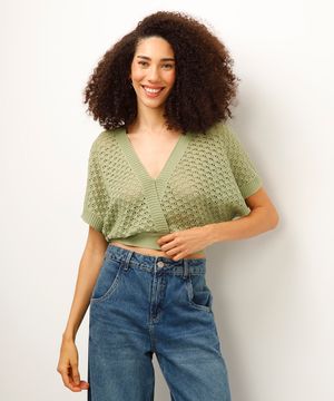 blusa de tricot transpassada manga curta com amarração verde