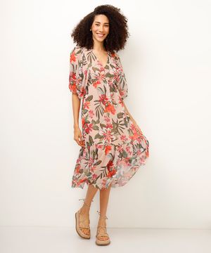 vestido midi de tule manga bufante floral bege