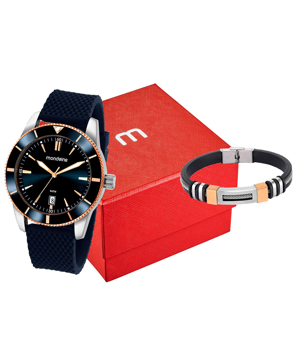 kit relógio analógico calendário masculino mondaine 32280g0mvni3 prateado
