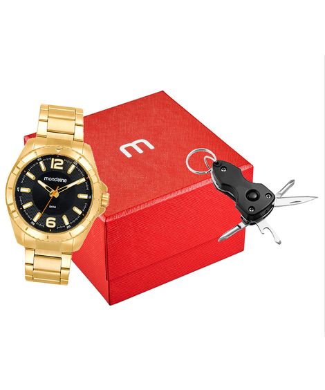 kit relógio analógico masculino mondaine 32637gpmvde2k dourado