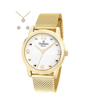 kit relógio analógico feminino champion cn26813e dourado