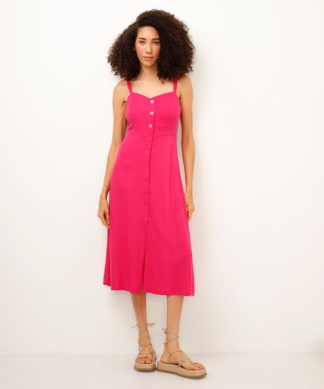 vestido midi com linho botões rosa