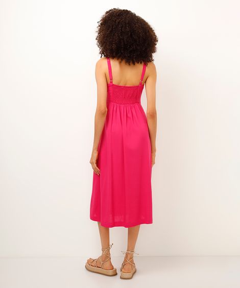 vestido midi com linho botões rosa