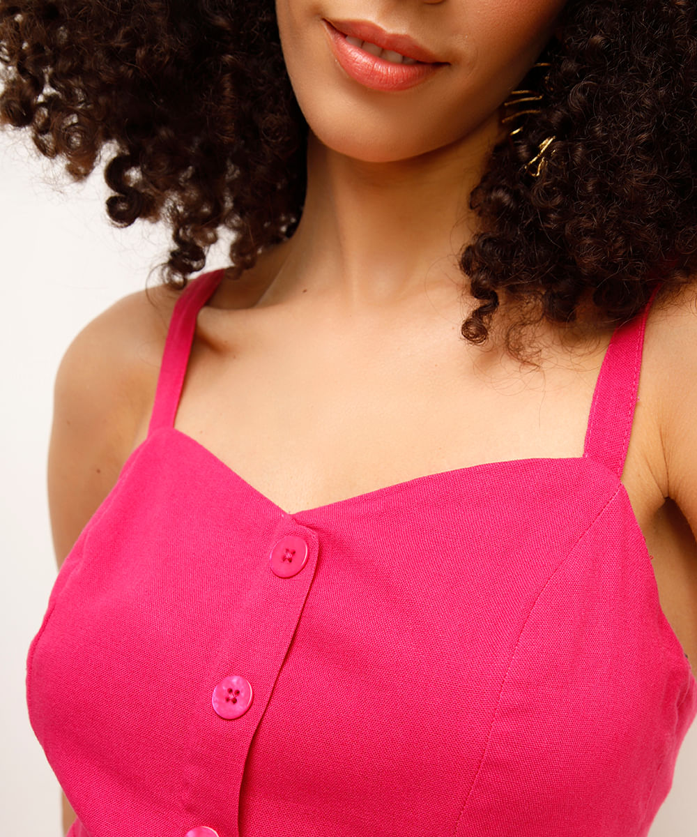 vestido midi com linho botões rosa