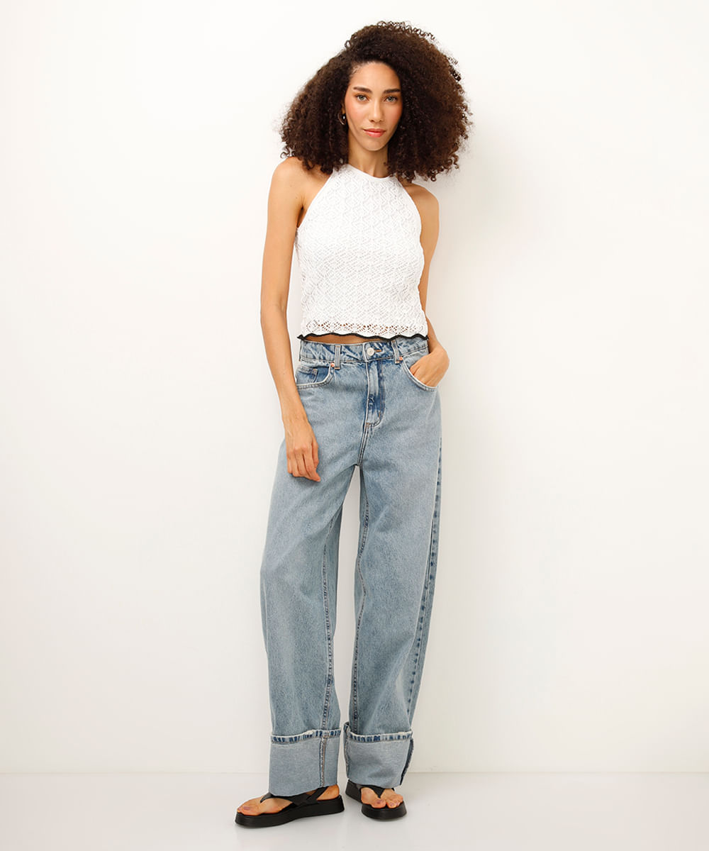 blusa de crochê halterneck bicolor off white