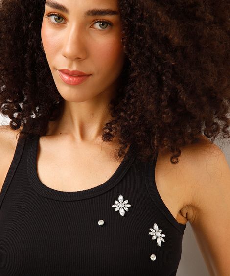 regata de algodão canelada com brilhos preta