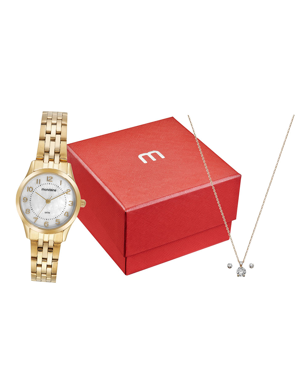 kit relógio feminino mondaine analógico 32796lpmkde1k1 dourado