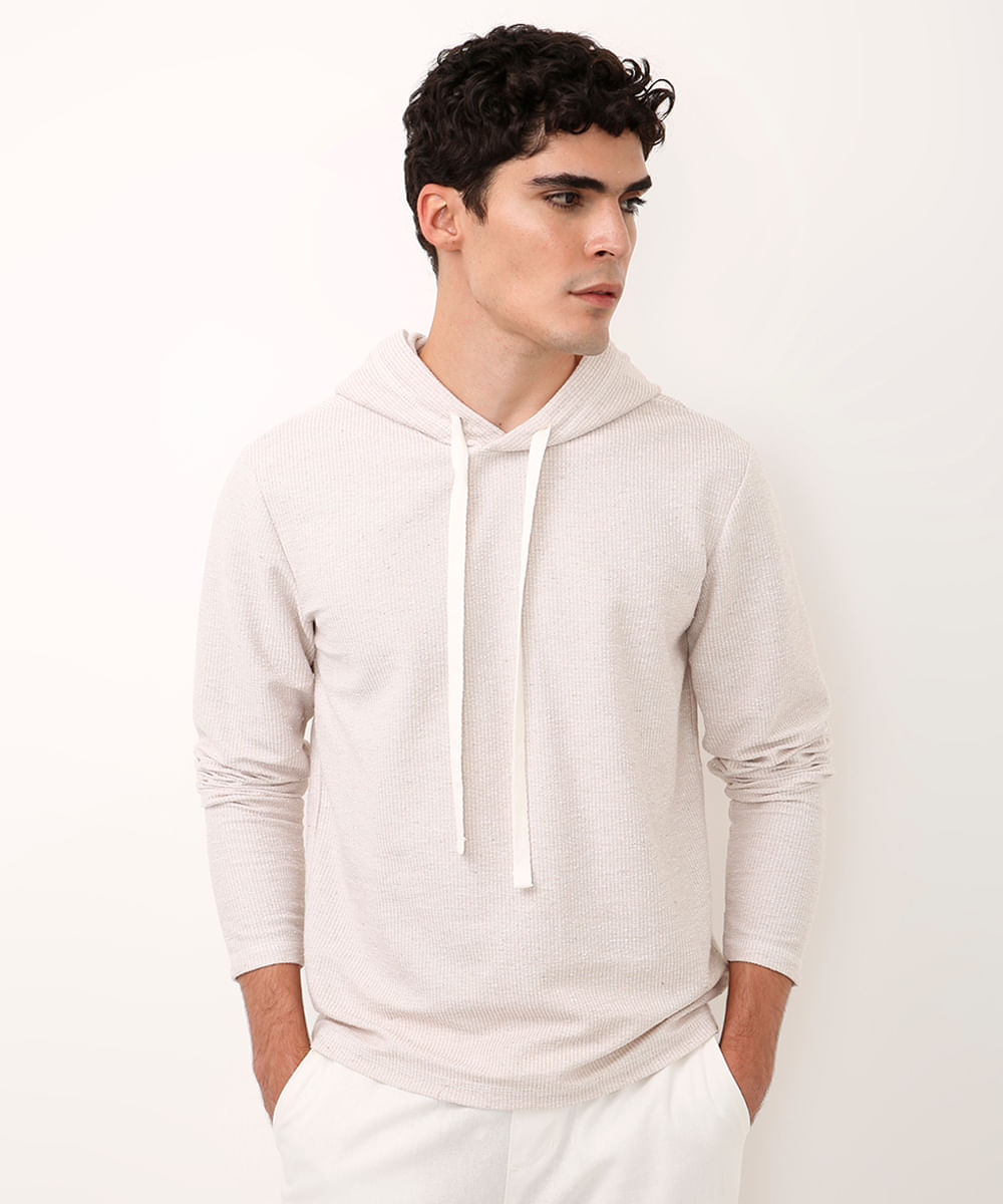 blusa com capuz manga longa texturizada bege